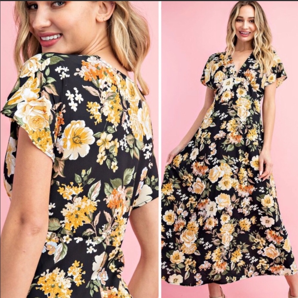 🌼YELLOW MULTI-FLORAL PRINT MIDI LGTH SUMMER DRESS